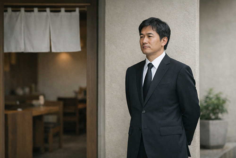 喪服姿で飲食店の前に立つ男性イメージ|葬儀後の食事マナーのイメージ