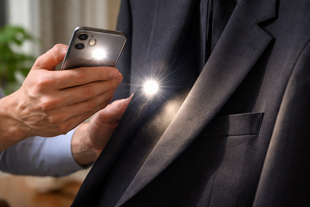 葬式の礼服をスマホライトで確認する様子｜光沢が強く反射しているNG例