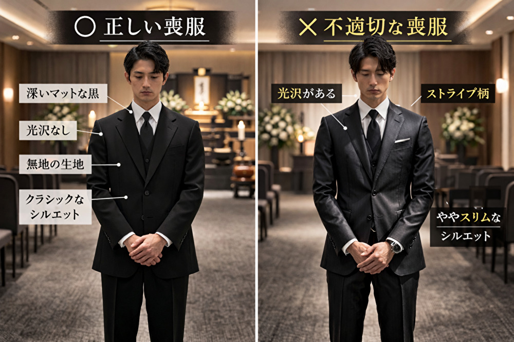 正しい喪服と不適切な喪服の比較画像