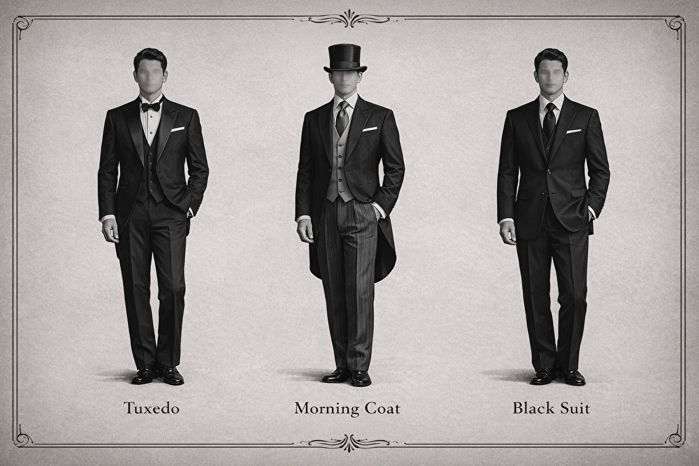 タキシード・モーニングコート・ブラックスーツの国際フォーマル比較シルエット図
