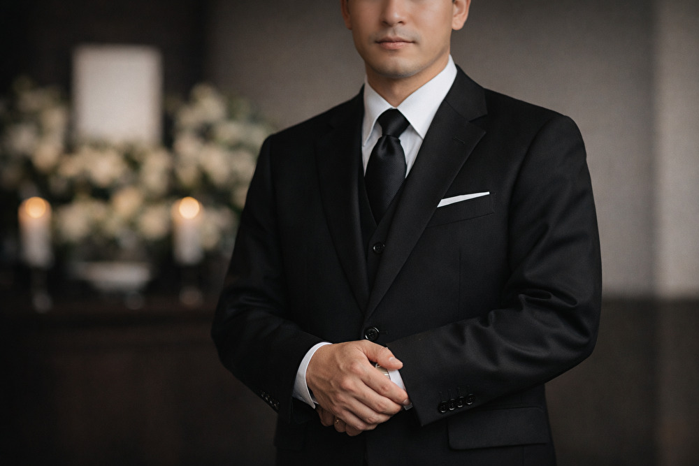 葬式で礼服着用している男性　イメージ画像　