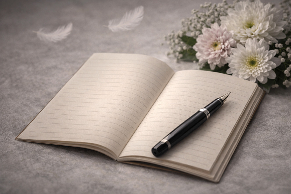 お悔やみの言葉をイメージしたノートと万年筆の静かな写真