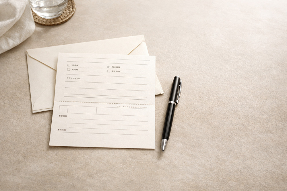 結婚式の招待状返信はがきと黒いペンをテーブルに置いた実写イメージ｜返信マナー解説用