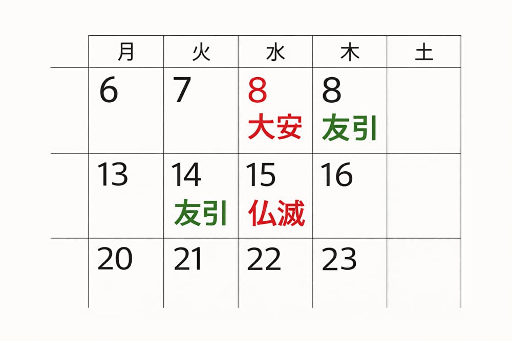 大安や友引が記載された暦カレンダー