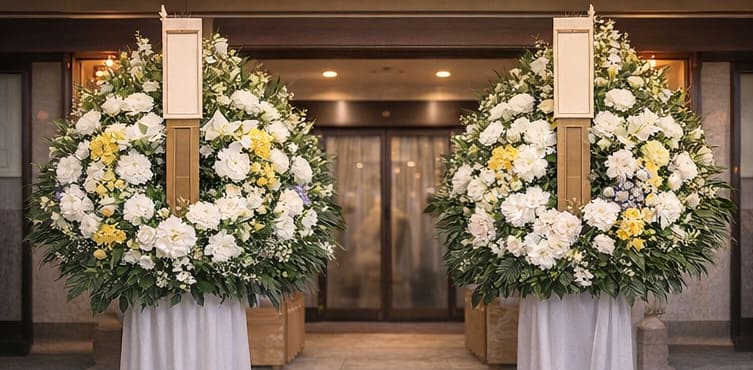 花輪のイメージ（葬儀会場の外に飾られる大型の供花）