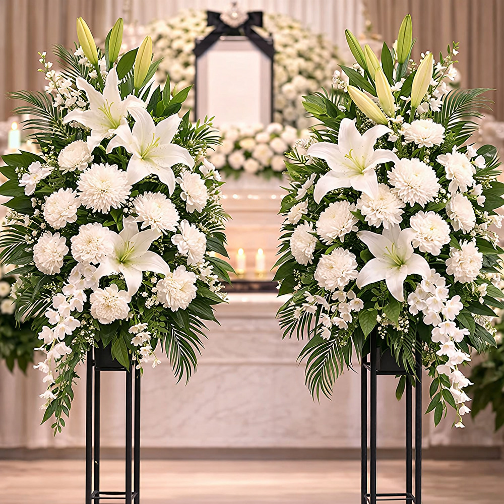 供花のイメージ（葬式の祭壇の両側に飾られる白い花）