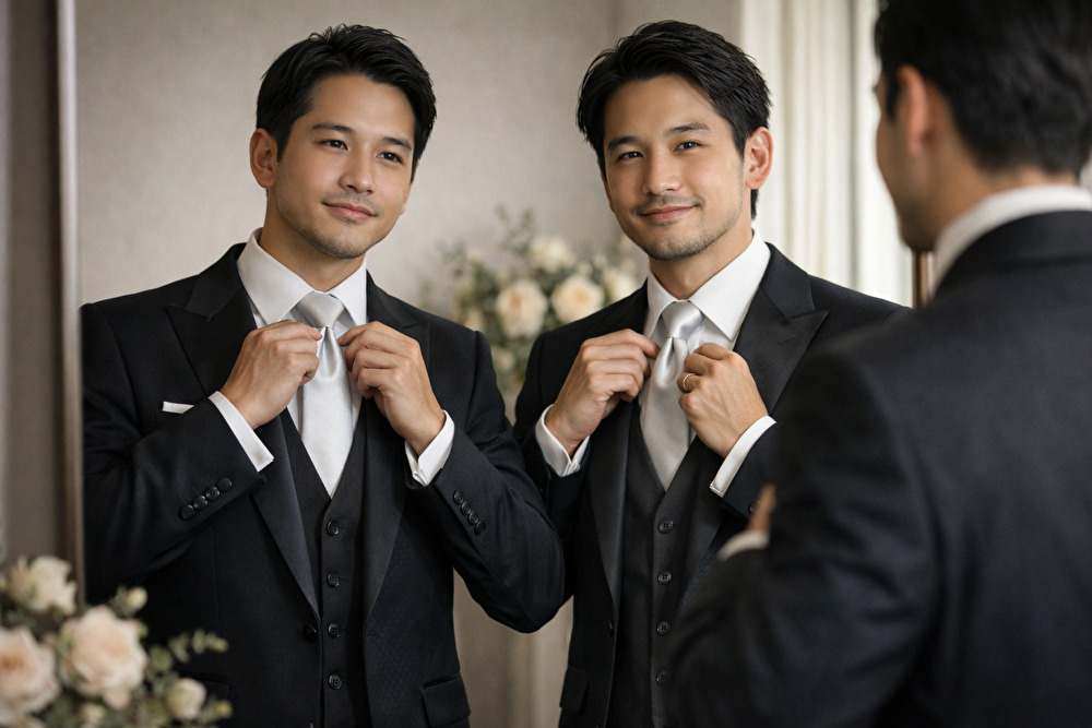 親族としてゲストを迎える兄弟の立ち姿