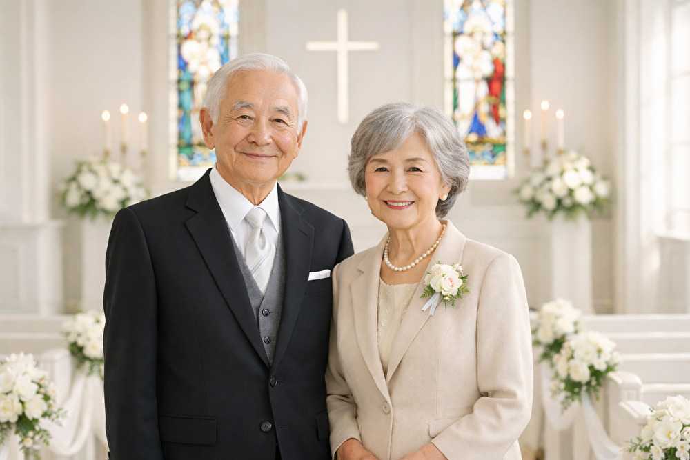 結婚式に出席する祖父母の上品なフォーマルスタイル