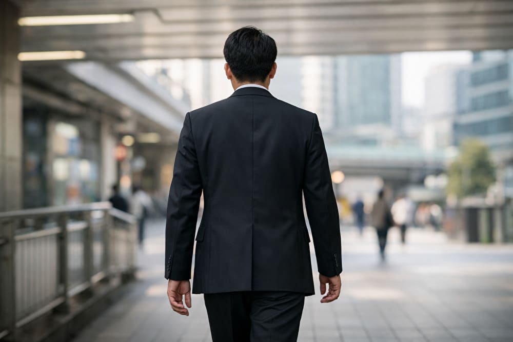 東京都内の駅周辺で、スーツカバーを持たず手ぶらで歩く男性の後ろ姿。礼服・喪服を会場へ直接届けられるため、移動の負担が少ないことを表しているイメージ。