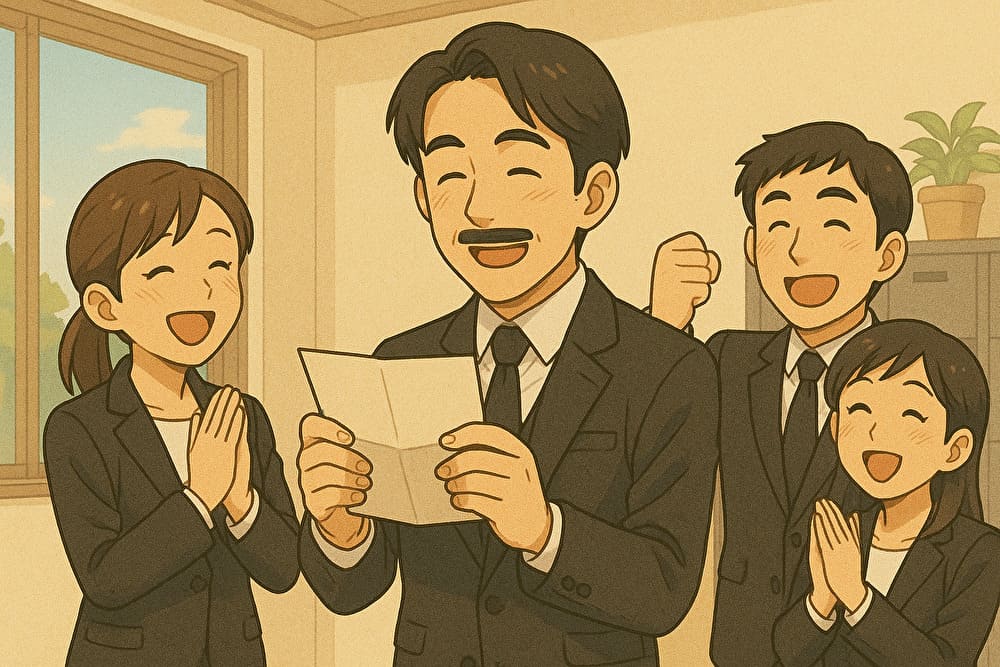 お礼の手紙を読みながら社員全員が笑顔で喜ぶ、礼服レンタル会社の感動的なオフィスシーンのイラスト