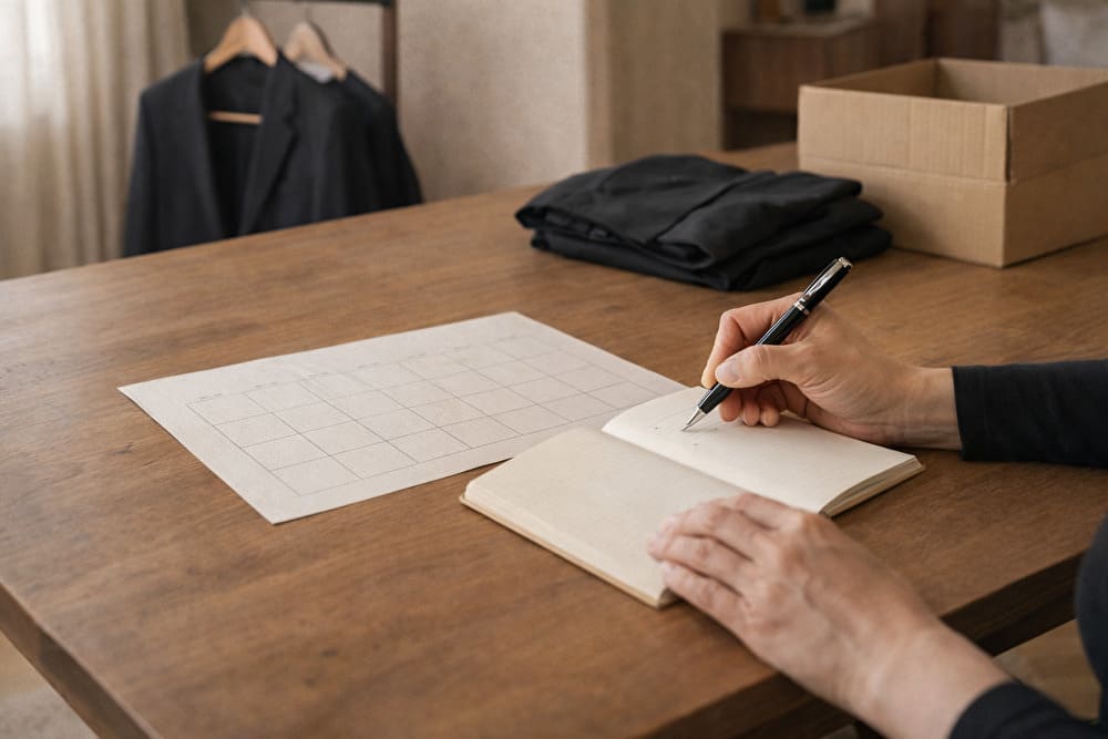礼服レンタルの利用スケジュールをノートに書きながら確認している様子（段ボール箱と礼服が机に置かれている）
