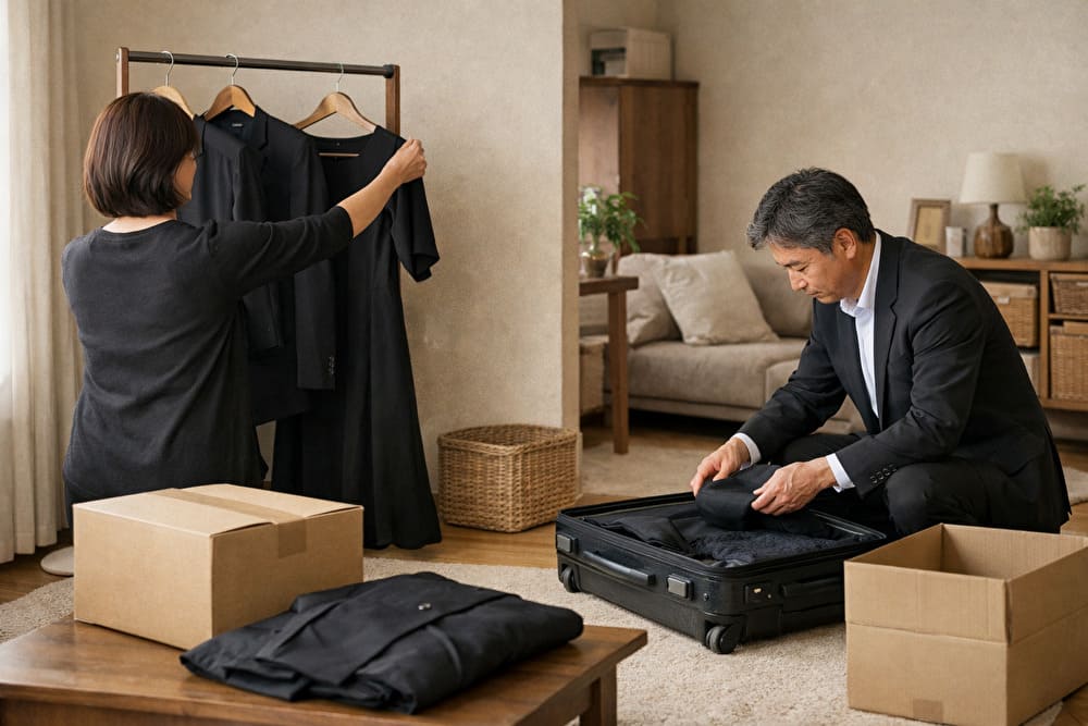 日本の落ち着いた室内で礼服を準備する40代夫婦の様子
