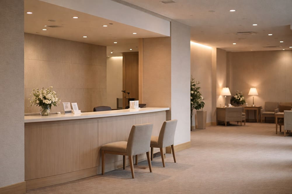 落ち着いた地方の葬儀会館の受付付近を撮影した写真