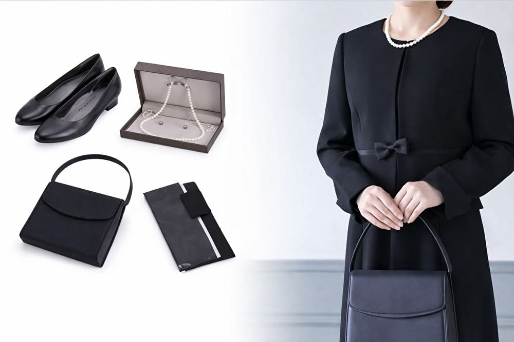 黒のフォーマルバッグと靴、アクセサリーを整えて配置した写真