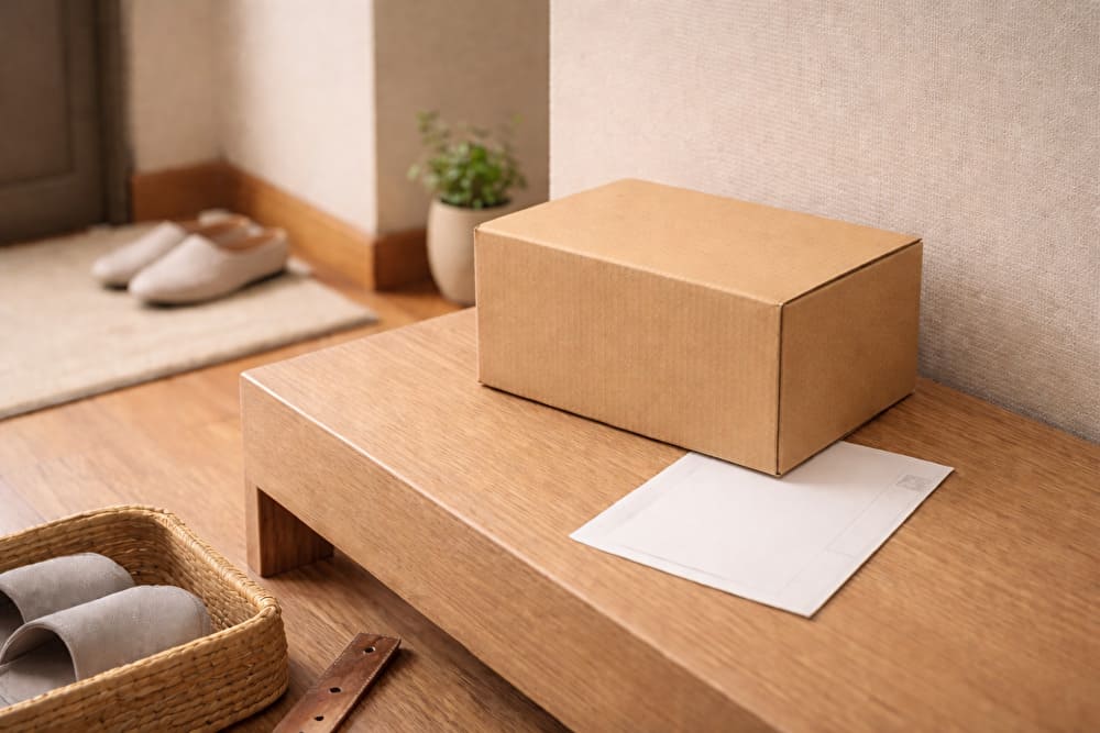 玄関の木の棚に段ボール箱と白い伝票が置かれた落ち着いた室内の様子